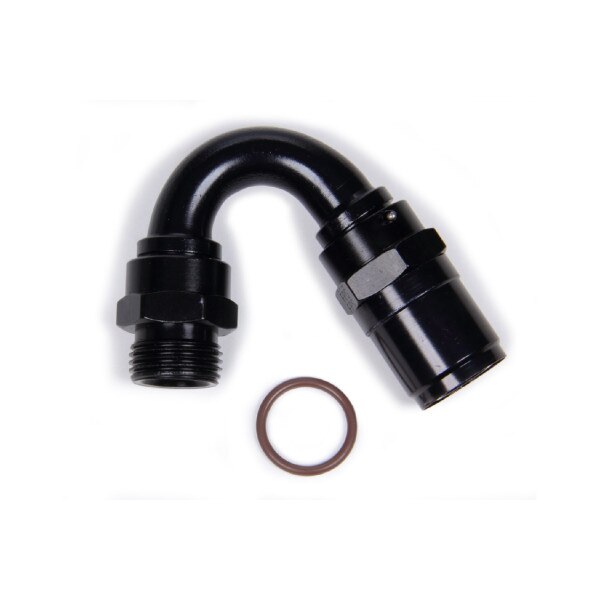 Fragola Hose End, Race-Rite, 150 Degree, #10 AN Hose, #10 Male Radius, Aluminum, Black (Crimp Style)