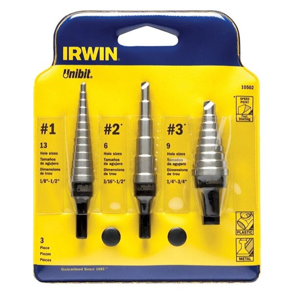 Irwin Drill Bit Set, Step Unibit, High Speed Steel, 3 Bits, Sizes 1/8-3/4in, #1 #2 #3 Set