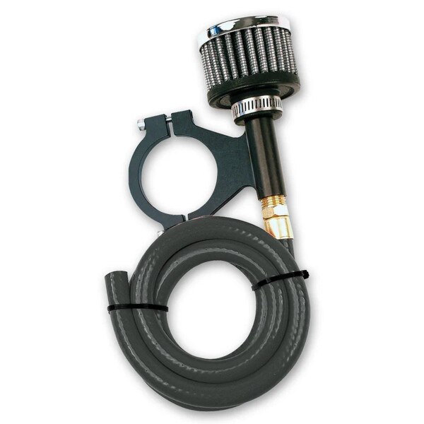 Longacre Rear End Breather, Clamp-On, Round, 1.750 Tube, Aluminum, Black (36.000 Hose Included)