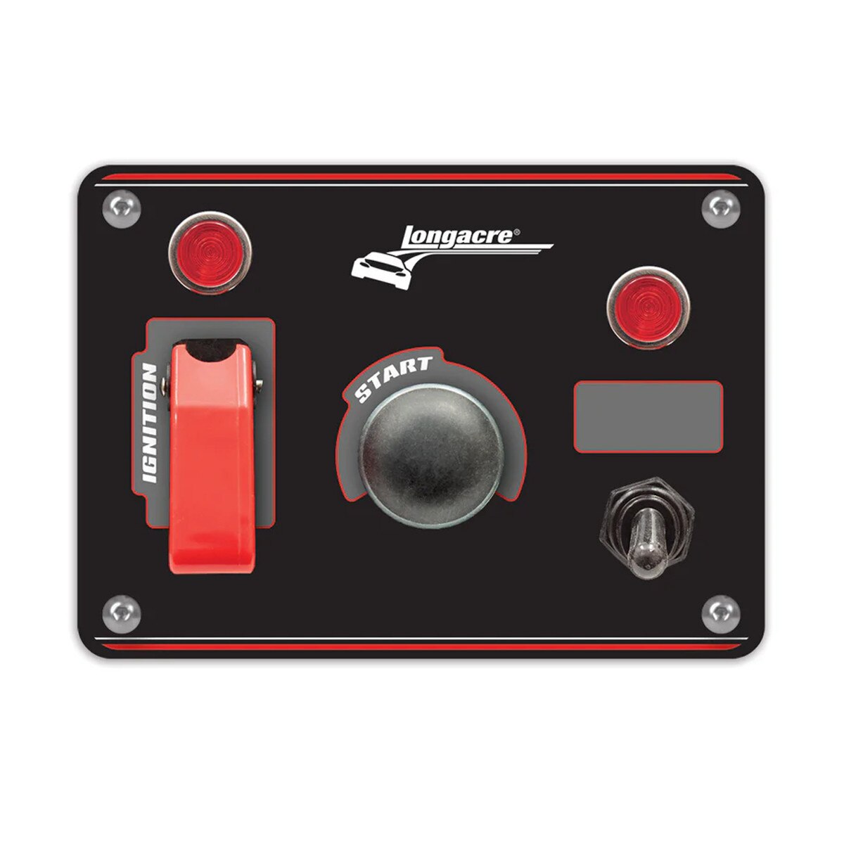 Longacre Switch Panel, Dash Mount 5x3.7in Black, 1 Safety Cover Toggle, 1 Toggle, 1 Momentary Button, Indicator Lights