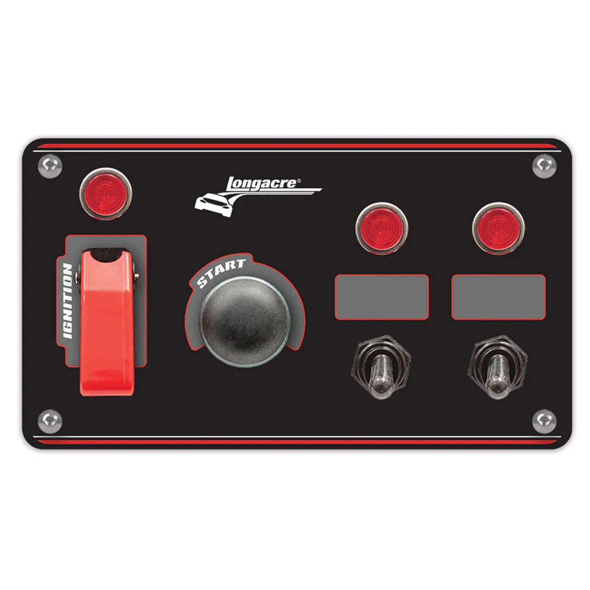 Longacre Switch Panel, Dash Mount 6.5x3.7in Black, 1 Safety Cover Toggle, 2 Toggles, 1 Momentary Button, Indicator Lights