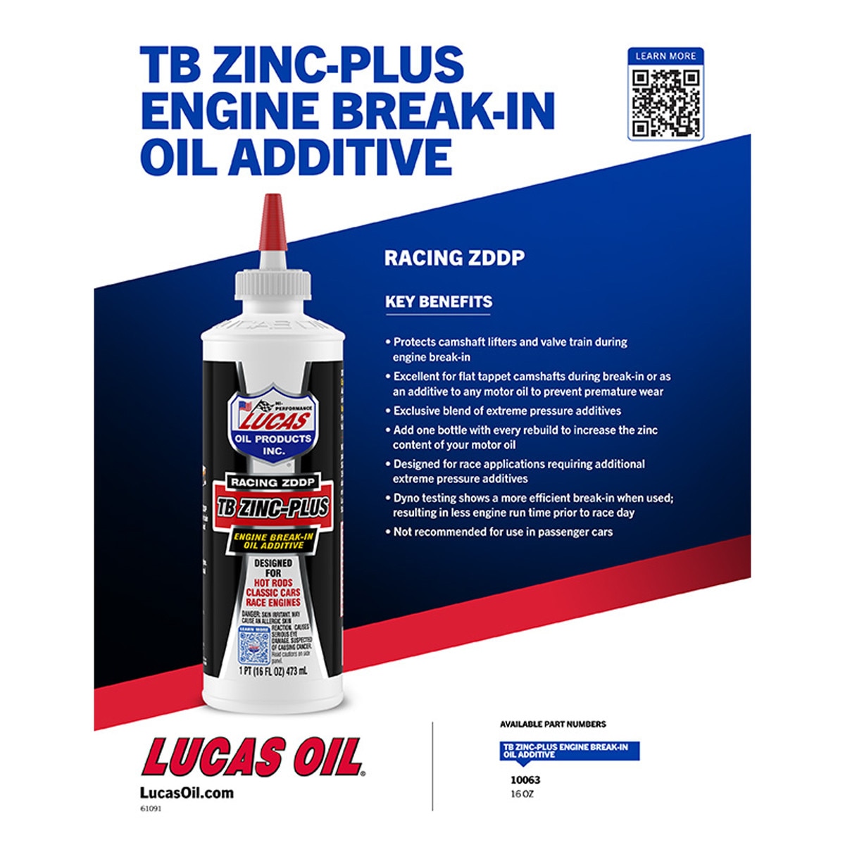 Lucas Motor Oil Additive, Engine Break-In, ZDDP, 16 oz. Bottle