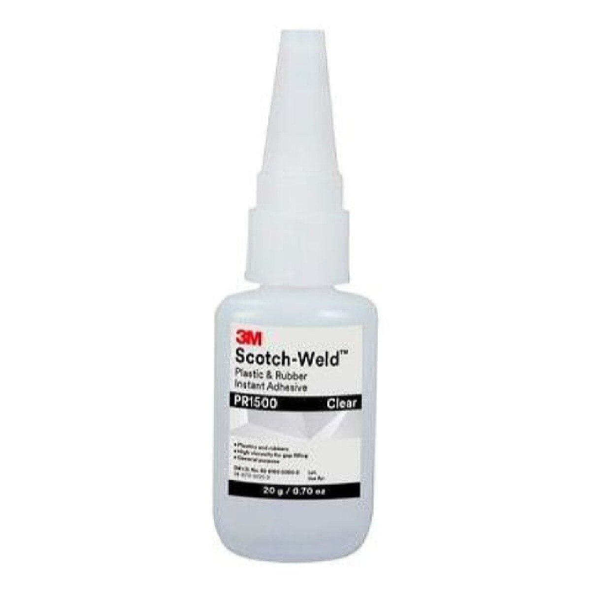 3M Scotch-Weld Plastic & Rubber Instant Adhesive, PR1500 Series, Clear, 20 gram Bottle