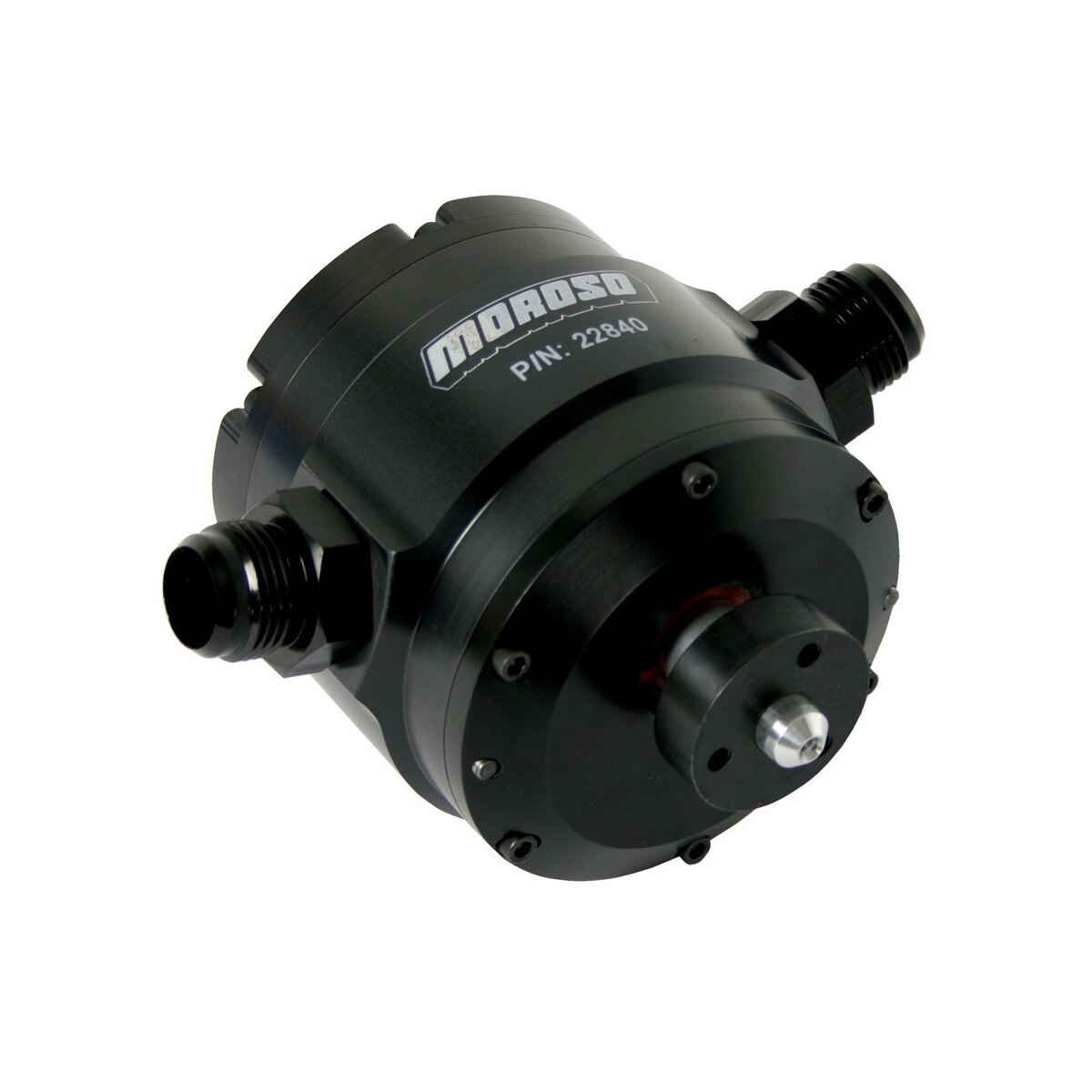Moroso Vacuum Pump, Mechanical 3-Vane, Sealed Bearings, Billet Aluminum, Black, #12 AN Inlet & Outlet, Fittings Included