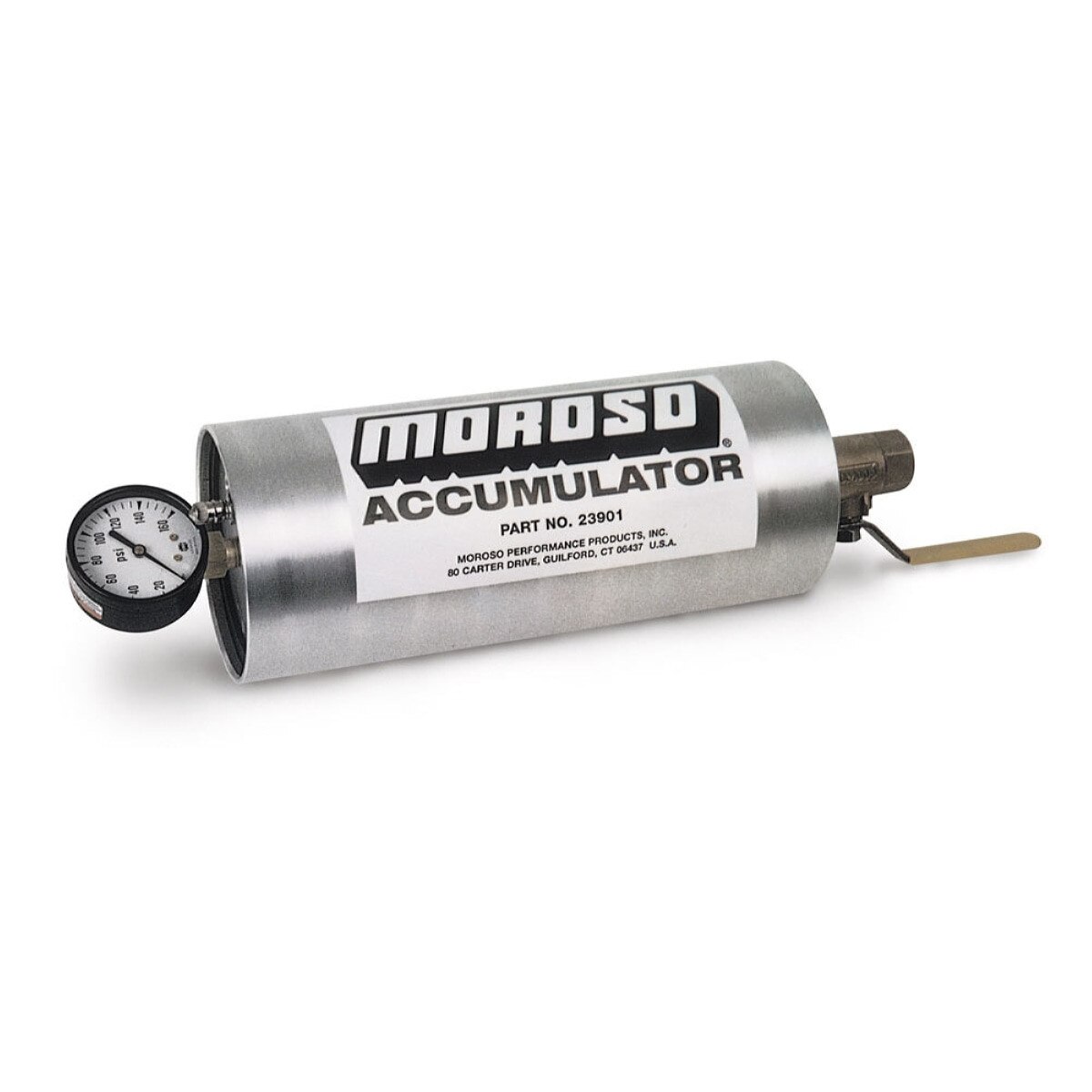 Moroso Oil Accumulator, 1.5 Quart, 10in x 4.250in, Aluminum Natural, 1/2in NPT Fitting with Shutoff