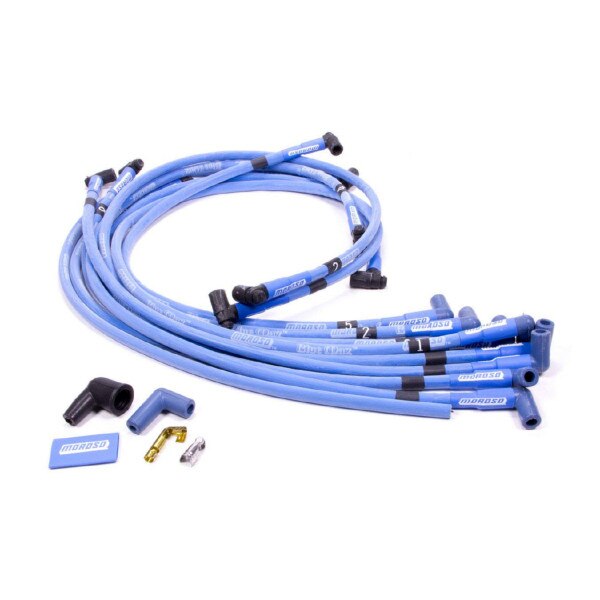 Moroso Spark Plug Wire Set, Blue Max Spiral Core, 90Â° Plug Boots, HEI Terminals, 8mm Blue, Small Block Chevy Under Header