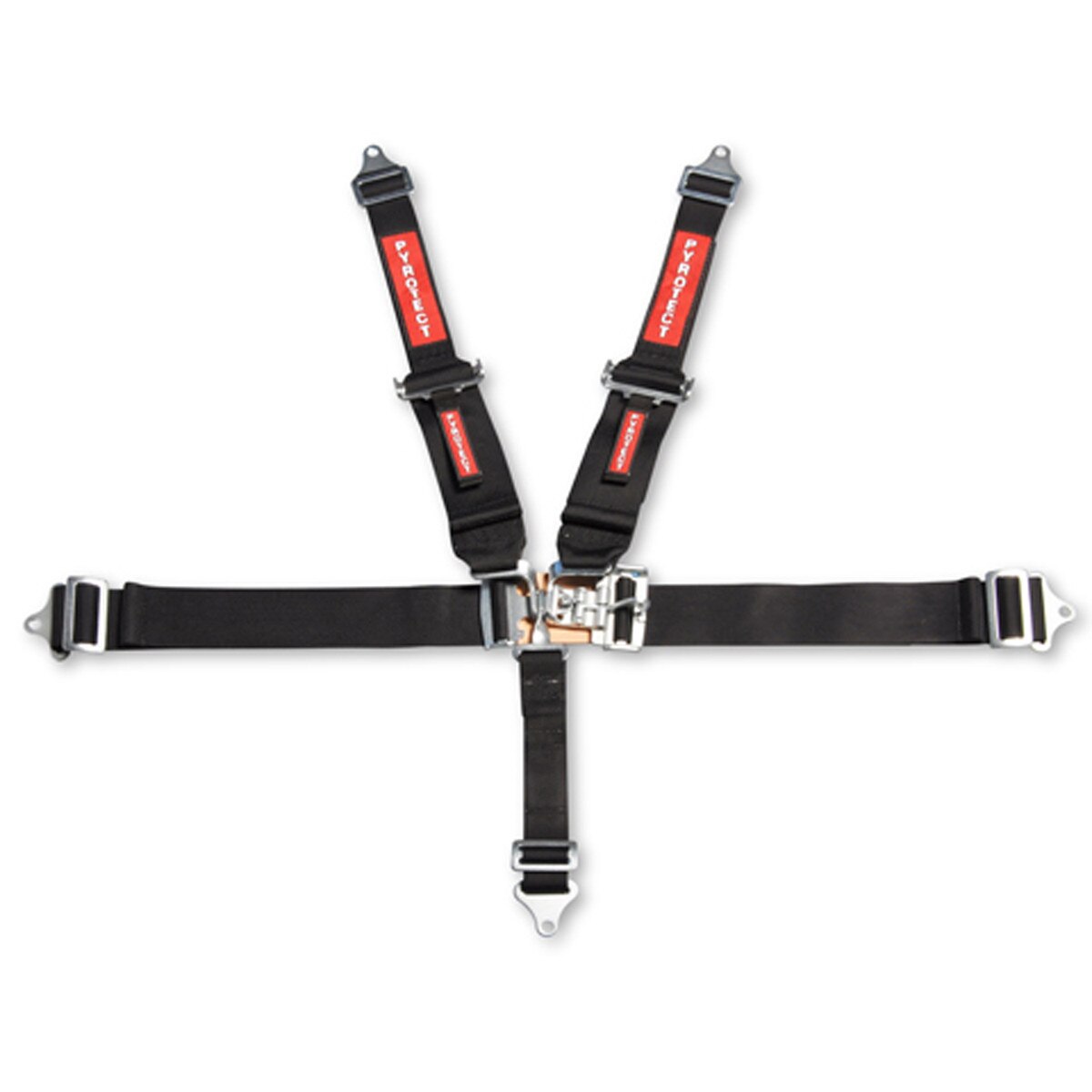 Pyrotect 5 point latch and link harness 3 inch lap 3 to 2 inch shoulders pull down black SFI 16.1 bolt plates /