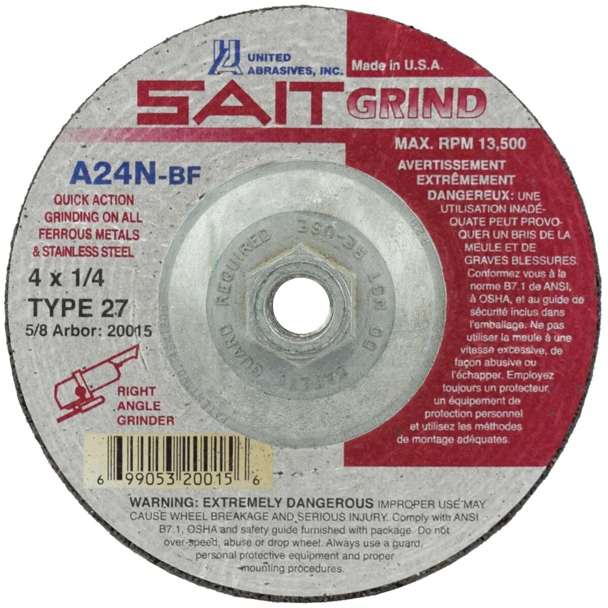 SAIT Type 27 grinding wheel A24N aluminum oxide 4 inch diameter 0.250 thick 5/8 bore /
