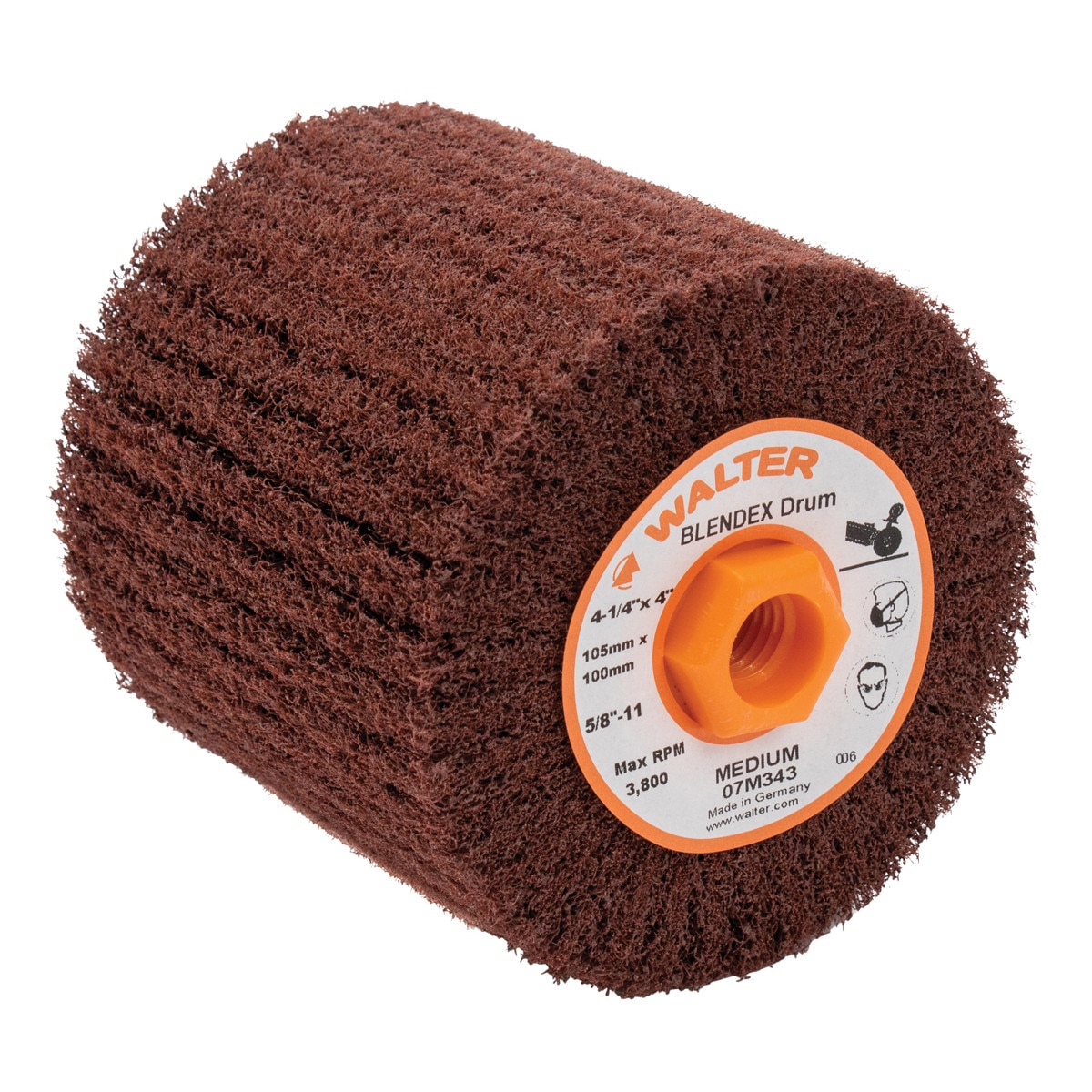 Walter Surface Conditioning Drum, Blendex Series, 4.250 Diameter, 4.000 Width, 5/8-11 Arbor, Medium Grade