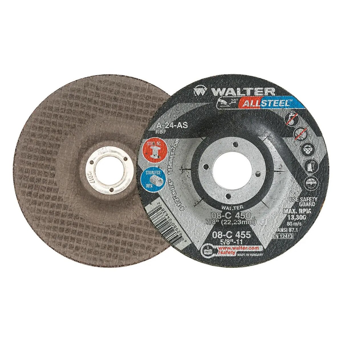 Walter Grinding Wheel, Type 27, Allsteel Xtra Series, A-24-AS Grade, 4.500 Diameter, 0.250 Thick, 7/8 Arbor