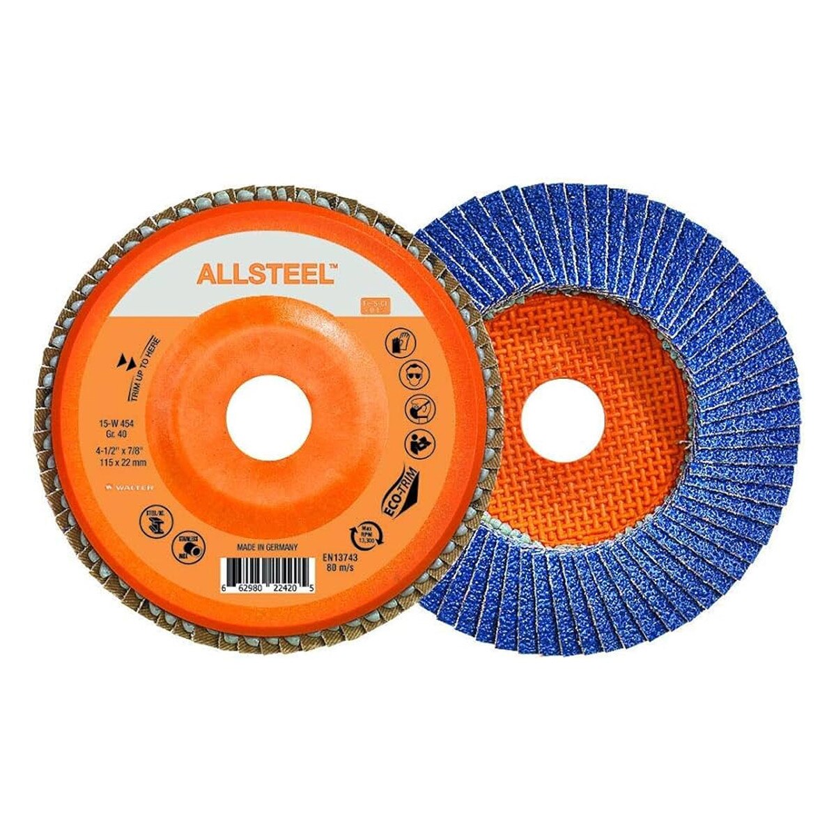 Walter Flap Disc, Type 29, Allsteel Series, 4.500 Diameter, 7/8 Arbor, 40 Grit